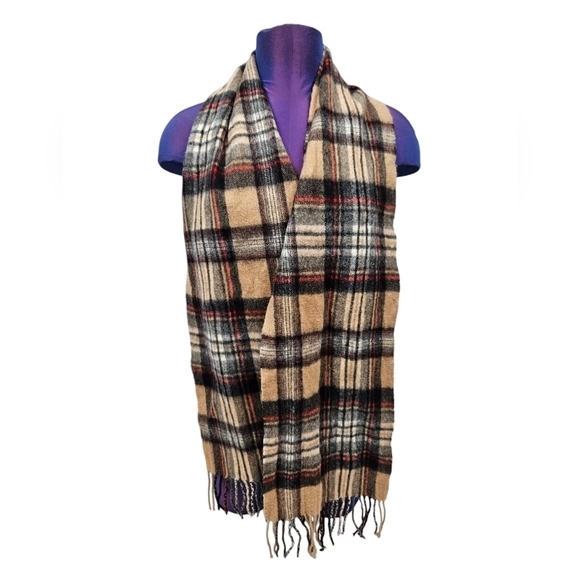 Edinburgh 100%‎ Lambswool Flannel Fringed Plaid Neutral Scarf Unisex W21 - Picture 2 of 8